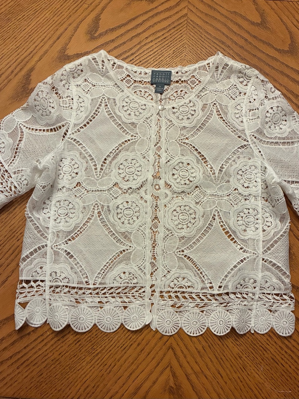 Rabbit Rabbit Rabbit White Crochet Lace Open-Front Blouse